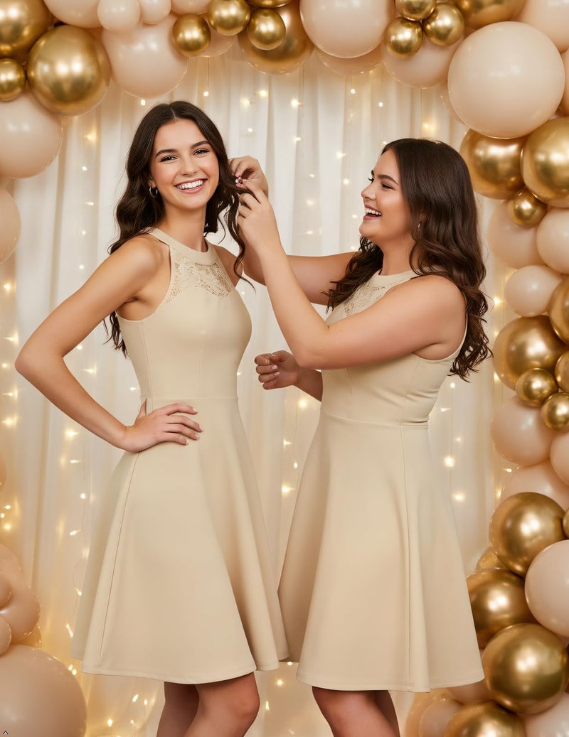 Bbonlinedress Women Short Bridesmaid Dresses Halter Lace Cocktail Party Wedding Guest Formal Prom Dress Champagne M - Image 3